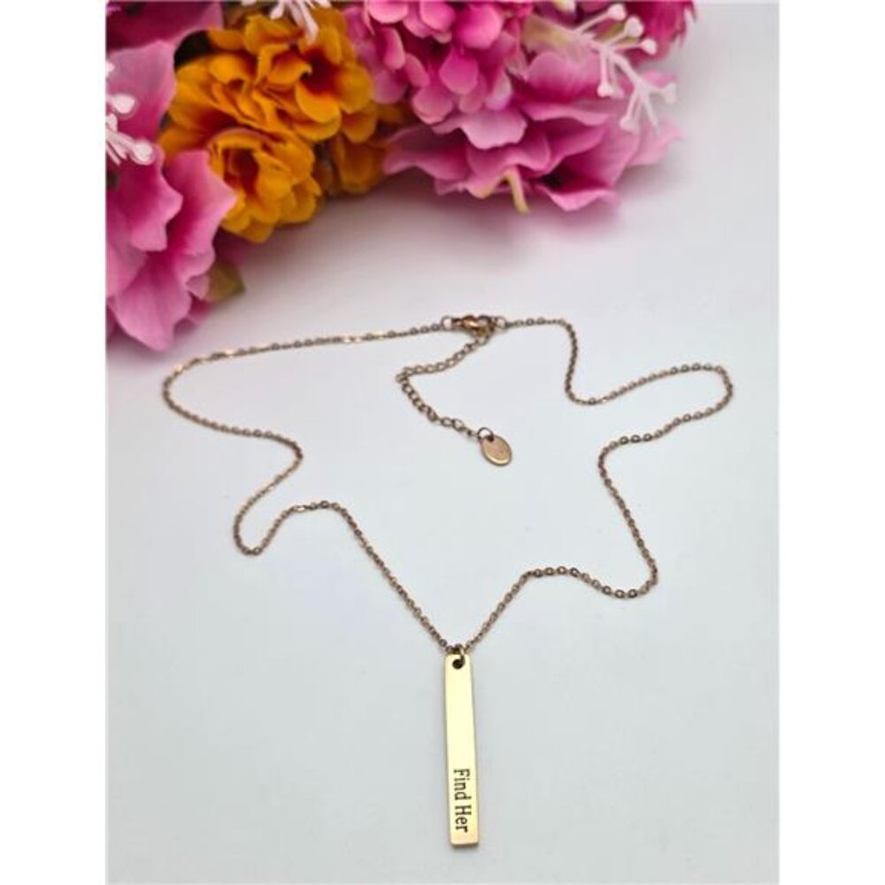 Plunder Find Her Bar Necklace Gold Tone Vertical Pendant Engraved 20 In Adj.